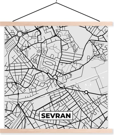 Posterhanger incl. Poster 40x40 cm - Schoolplaat - Plattegrond - Sevran - Stadskaart - Kaart - Frankrijk - Textielposter - Blanke latten - Stadskaart