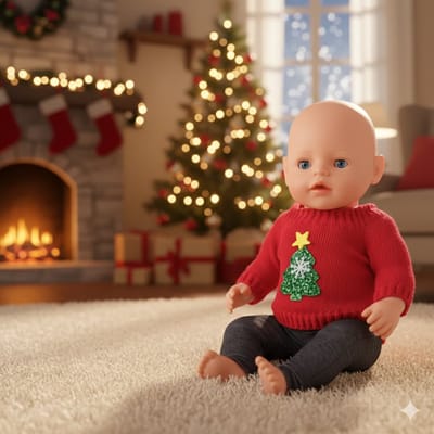 Kerst Outfit voor Geschikt voor Baby Born – Wollen Rode Kersttrui met Groene Kerstboom & Spijkerbroek – Kleertjes voor Babypoppen