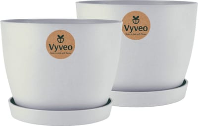 Vyveo - Bloempot Lunda met onderzetter - Set van 2 - 14x10 - Lichtgrijs - Bloempot voor binnen en buiten - Lichtgewicht - Breukbestendig - Vorstbestendig - UV-bestendig