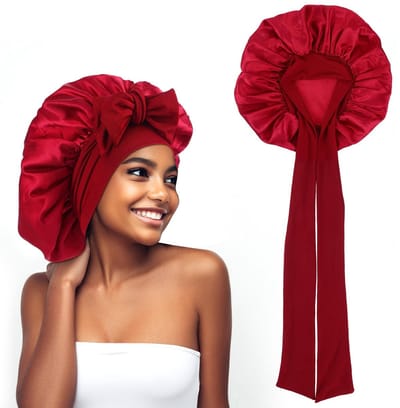 Dailygoods- Slaapmuts Verstelbaar - Satijnen Haar Bonnet - Zacht Ontwerp - Voor Krullend Haar - Elastische Band - Bordeauxrood - Haarbonnet