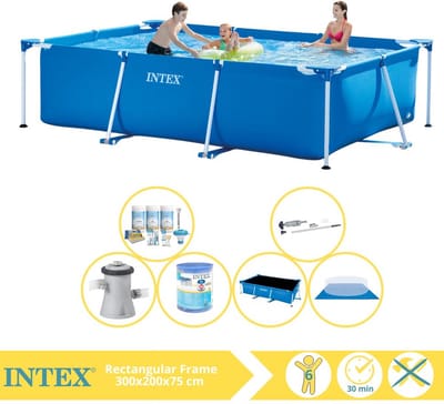 Intex Rechthoekig Frame Zwembad - 300 x 200 x 75 cm - Blauw - Inclusief Solarzeil - Onderhoudspakket - Zwembadfilterpomp - Filter - Grondzeil - Stofzuiger - 7-delig