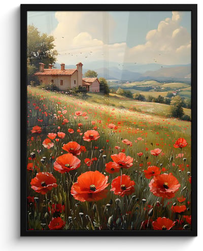 Poster in lijst - Fotolijst 50x70 cm - Posters - Klaprozen - Rood - Heuvels - Landschap - Posterlijst zwart - Decoratie - Wanddecoratie woonkamer - Muurdecoratie slaapkamer