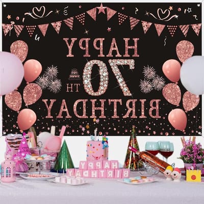ByShane - Roze glitter vlekken stof bord poster voor 70e verjaardag vrouwen - Feestdecoratie met achtergrond banner