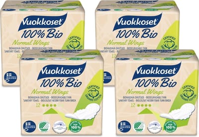 Vuokkoset 100% bio - Normaal Maandverband met Vleugels - 4 x 12 stuks - 100% biologisch - Milieuvriendelijk - Hypoallergeen