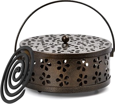 Draagbare metalen houder voor muggenspiralen van sandelhout met handvat en deksel - ideaal voor thuis, kamperen en reizen (brons)