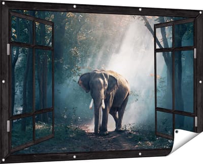 Gards Tuinposter Doorkijk Olifant in het Bos met Zonneschijn - 150x100 cm - Tuindoek - Tuindecoratie - Wanddecoratie buiten - Tuinschilderij
