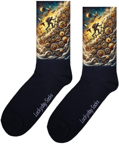 LuckyDay Socks - Steampunk sokken - Tandwielen print - Verjaardag cadeau - Sinterklaas sokken - Vrolijke sokken - Kostuum sokken - Kerst sokken - Vrolijke sokken - Grappige sokken - Leuke dames en heren sokken - Moederdag - Vaderdag - Golven zee