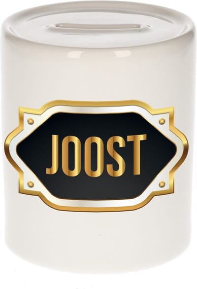 Spaarpot met voornaam Joost - wit - met goud/zwart embleem - 8 x 9 cm - keramiek - met afsluitdop - cadeau verjaardag