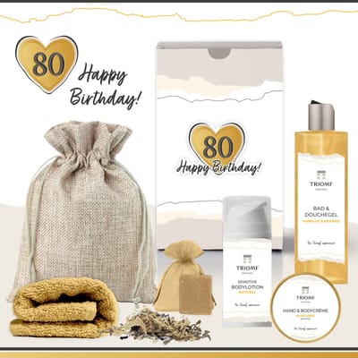 Geschenkset “80 Happy Birthday!” - 6 producten - 520 gram - Triomf Cosmetica | Cadeau voor haar Tachtig Cadeaupakket Feestje Wellness Luxe Giftset Douchegel Vanille Karamel Verjaardag Vrouw Gefeliciteerd Eighty Party Gift Set Okergeel Goud