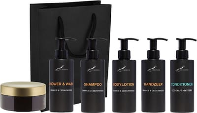 Compleet pakket Sweet Orange & Cedarwood - Shower & Wash + Shampoo + Bodylotion + Handzeep + Coconut conditioner + Scrubzout 300 gram - 300 ml per fles - complete set van 6 stuks - met luxe gift tas - cadeau - giftset voor hem en haar