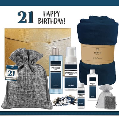 Geschenkset “21 Jaar Happy Birthday!” - 7 Producten - 1100 Gram - Triomf Cosmetica | Giftset voor hem Luxe wellness cadeaubox Cadeau man Verjaardag Veertig Gefeliciteerd Gift Twenty one years Party Cadeaupakket Deluxe Vriend Verjaardagscadeau Blauw