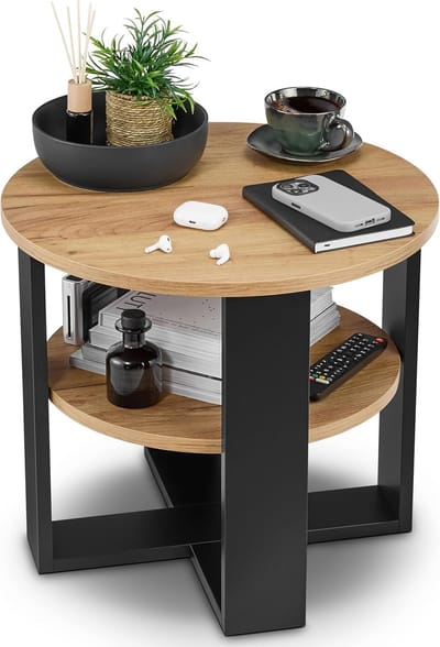 Ronde Salontafel - Bijzettafel Tafel - Woonkamer Inrichten - Twee Niveaus - 53 cm Diameter - Zwart Eiken
