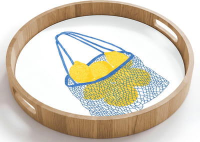 Dienblad rond 40x40 cm - Schootdienblad hout - Tas - Blauw - Citroenen - Illustratie - Borrelplank rechthoek - Plateau houten dienbladen