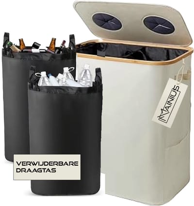 2-in-1 Statiegeldmand Beige – Flessen, Blikjes & Glasbak in Één | Afvalscheiding Bak | Recycle Dubbele Afvalbak | 140L | Statiegeld Container | Lege Flessen Inleveren