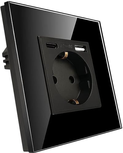 Wall socket with USB + USB C (3.1A), black, tempered glass switch, quick charge, socket 250 V, 16 A, modern design for home and office.