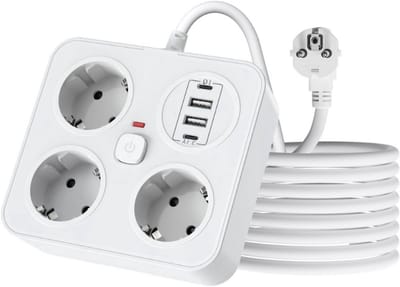 Thuys – 7-in-1 Stekkerdoos Met Schakelaar – 3 Schuko Stopcontacten (3680W/16A) & 4 USB-Poorten (5V/3,4A), 2m Kabel