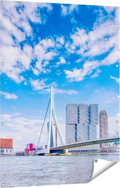 Gards Tuinposter Erasmusbrug aan het Water in Rotterdam - 90x120 cm - Tuindoek - Tuindecoratie - Wanddecoratie buiten - Tuinschilderij