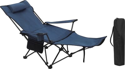 BukkitBow - Luxe Uitgebreide Visstoel / Campingstoel - met Bekerhouder en Voetensteun - met Opbergvak en Hoge Belastbaarheid - Inklapbaar en met Reistas - Blauw