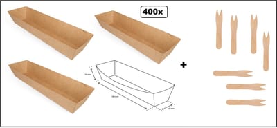400x Bio Frikandelbakje kraft bruin A16 karton + 400x houten vorkje - Frikandel bakje snacks food take away festival thema feest