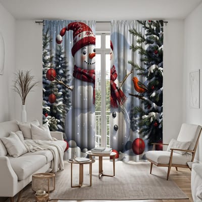 Ensemble de 2 pièces Rideau décoratif de Noël Pin Bonhomme de neige HD Rideau imprimé numériquement à nouer blanc Décoration de style Décoration livi W52H63inchW132H160cm black