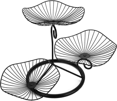 longziming -Fruit En Groente Rack - 3-Tier Food Storage Rack - Lotus Bloem Design - IJzer - Stijlvol En Ventilerend - 1 Stuk - Zwart