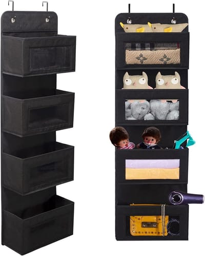 Famanu – Deurorganizer met 4 vakken, hangende opbergorganizer van stof met transparant venster, geschikt voor pantry, badkamer en kinderkamer, zwart