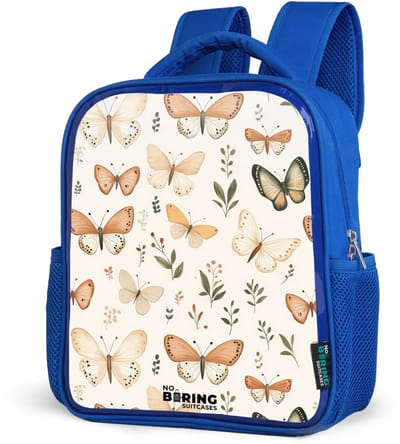 NoBoringSuitcases.com® - Rugzak blauw - Schooltas jongens - Vlinders in beige en oranjetinten tussen groene blaadjes - Kinder rugtas jongen - Boekentas kind - Kinderrugzak voor school - Schoolrugzak