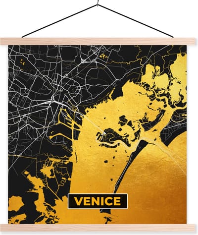 Posterhanger incl. Poster 40x40 cm - Schoolplaat - Kaart - Venetië - Goud - Plattegrond - Stadskaart - Textielposter - Blanke latten - Stadskaart