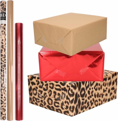 6x Rollen kraft inpakpapier pakket panter/dierenprint-metallic rood en bruin 200 x 70/50 cm/cadeaupapier/verzendpapier/kaftpapier