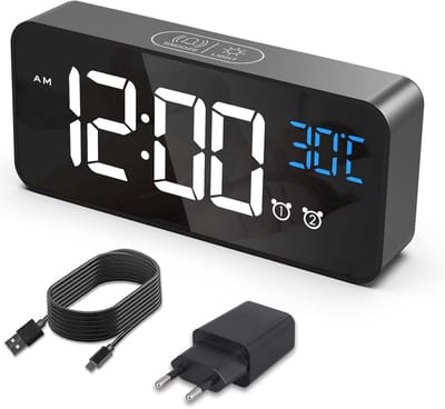 Digitale Wekker met Temperatuur, Dubbel Alarm, Snooze-functie, Geluidsactivering en USB Oplaadpoort - Zwart
