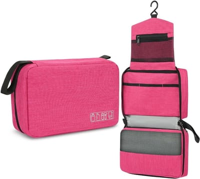 toilettas waterdicht voor mannen en vrouwen, opvouwbare compacte reistas met 3 compartimenten, lichtgewicht eendelige make-up tas organizer voor reisformaat accessoires, rozerood