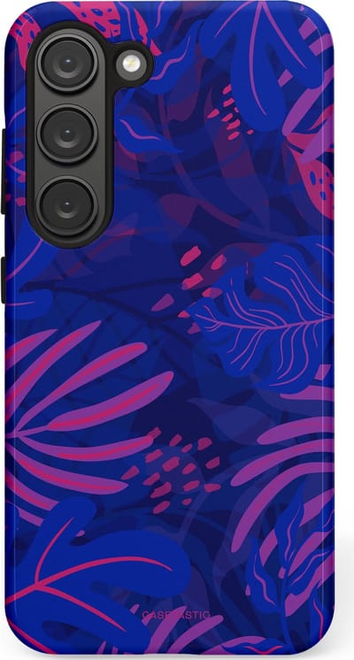 Casetastic hoesje geschikt voor Samsung Galaxy S23 - Dubbellaagse bescherming - Neon jungle blad - Fashion Case - Donkerblauw Lavendel Roze