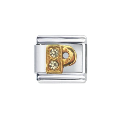 Schakel Bedel - Letter P - met strass - 9mm- Passend op Italiaanse Bedelarmband - Plated