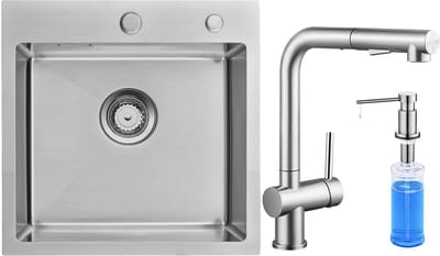 Auralum max Spoelbak Keuken 45x45cm - Spoelbakken Keuken Met Keukenkraan met Uittrekbare Uitloop en Zeepdispenser 300ML - Spoelbak Met Kraangat - Wasbak Keuken met Sifon en Afvoerzeefje - RVS
