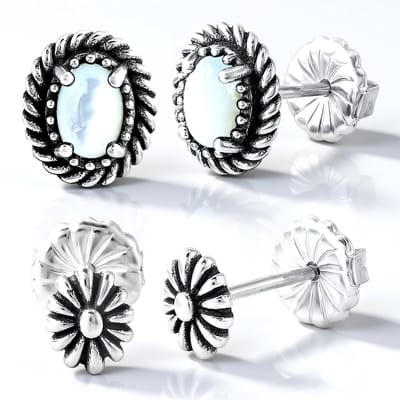 Cavill - 925 Sterling Zilver Geoxideerde Oorbellen - 2 Ovale Parelmoer 6x4 mm - Elegante Vintage Bloem Oorknopjes Dames 11 mm