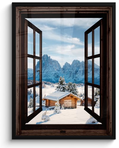 Poster in lijst - Fotolijst 50x70 cm - Posters - Doorkijk - Winter - Landschap - Huisje - Bergen - Posterlijst zwart - Decoratie - Wanddecoratie woonkamer - Muurdecoratie slaapkamer