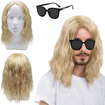 Lange lichtblonde herenperruik van 40 cm met krullen voor Halloween en cosplay, perfect voor 70s, 80s en 90s kostuums