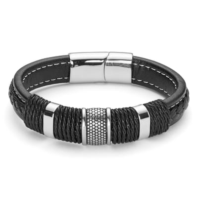 Icon | Armband van Zwart Leer en Zilverkleurig Roestvrij Staal