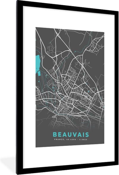 Fotolijst incl. Poster - Frankrijk - Plattegrond - Beauvais - Kaart - Stadskaart - 60x90 cm - Posterlijst
