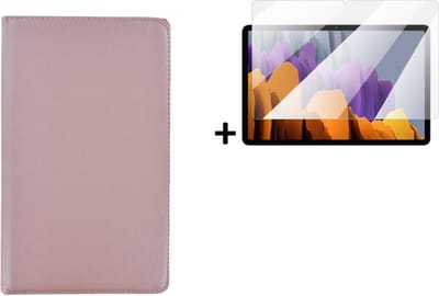 Hoesje Geschikt voor Samsung Galaxy Tab S7 - 11 inch - Hoesje Samsung Galaxy Tab S8 - Screenprotector Samsung Tab S7 - Screenprotector Samsung Tab S8 - Draaibare Book Case Rosegoud + Tempered Glass