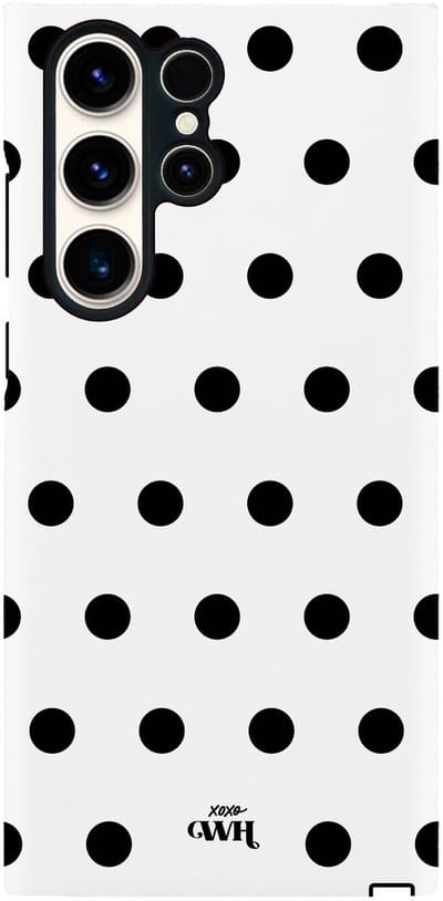xoxo Wildhearts Polka Dots (Wit) - Double Layer - Hoesje geschikt voor Samsung Galaxy S23 Ultra hoesje - Hard case met stippen patroon - Beschermhoes - shockproof case - Stippatroon - Wit / Zwart