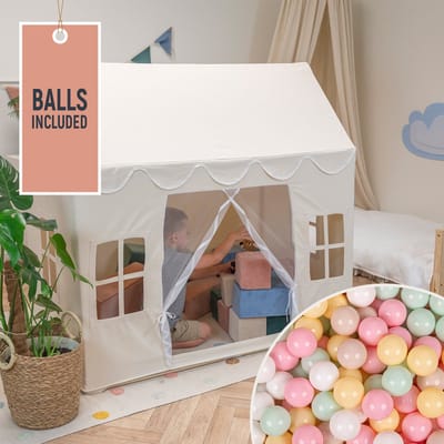 KiddyMoon Speelhuis Kindertent Met 400 Ballen Voor Kinderen Kinderhuis Opvouwbaar Ontwerp KiddyMoon Speeltent Indoor Creativiteit Kindertent Voor Binnen En Buiten Kinderkamer, Natuurlijke Kleur:Pastel Beige/Pastelgeel/Wit/Mint/Poederroze