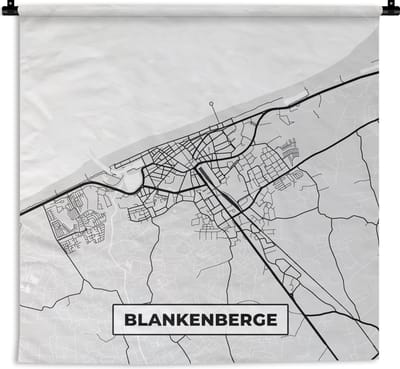 Wandkleed - Wanddoek - Kaart – Plattegrond – Stadskaart – Blankenberge – België – Zwart Wit - 180x180 cm - Wandtapijt