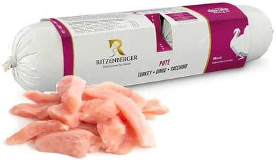 Ritzenberger Kalkoen met zoete aardappel compleet gestoomde worst. 24 x 400 gram (doos 12 rollen, 9,6 kilo totaal)