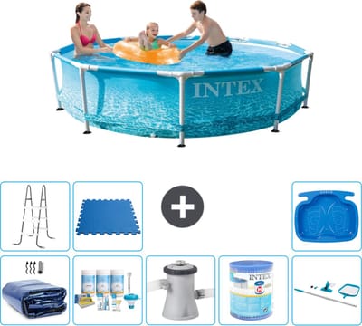 Intex Rond Frame Zwembad - 305 x 76 cm - Waterprint - Inclusief Solarzeil - Onderhoudspakket - Zwembadfilterpomp - Filter - Schoonmaakset - Ladder - Voetenbad - Vloertegels - 9-delig