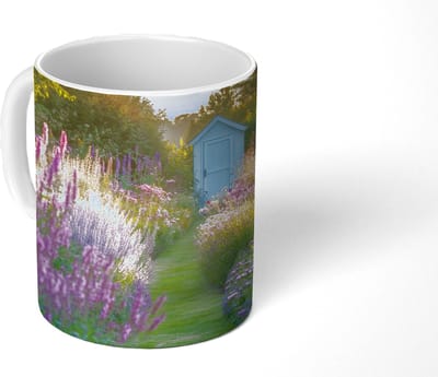 Mok - Koffiemok - Tuinhuisje - Blauw - Bloemen - Mokken - 350 ML - Beker - Koffiemokken - Theemok