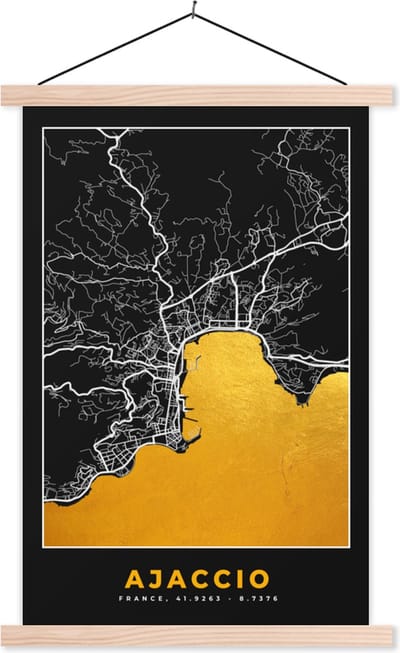 Posterhanger incl. Poster 40x60 cm - Schoolplaat - Plattegrond – Kaart – Stadskaart – Frankrijk – Ajaccio - Textielposter - Blanke latten - Stadskaart