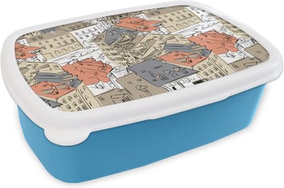 Broodtrommel Blauw - Lunchbox - Brooddoos - Gebouw - Patronen - Steden - 18x12x6 cm - Kinderen - Jongen