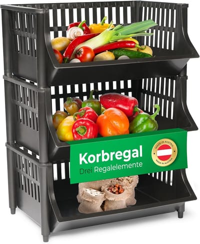 Novaliv 3-delige mandenplank zwart, stapelbaar en uitbreidbaar, planken voor voorraadkast, voedselplank, fruitplank, kelderopslagsysteem, appelplank, stapelmand, stapelplank van kunststof