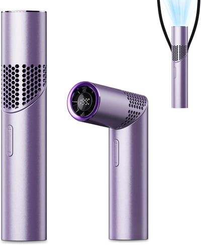 Draagbare Handheld Turbo Ventilator – 3 IN 1, Oplaadbaar, 1-199 Snelheden, Digitaal Display, Tot 12 Werkuren, Voor Buiten, Reizen, Kantoor (Paars)